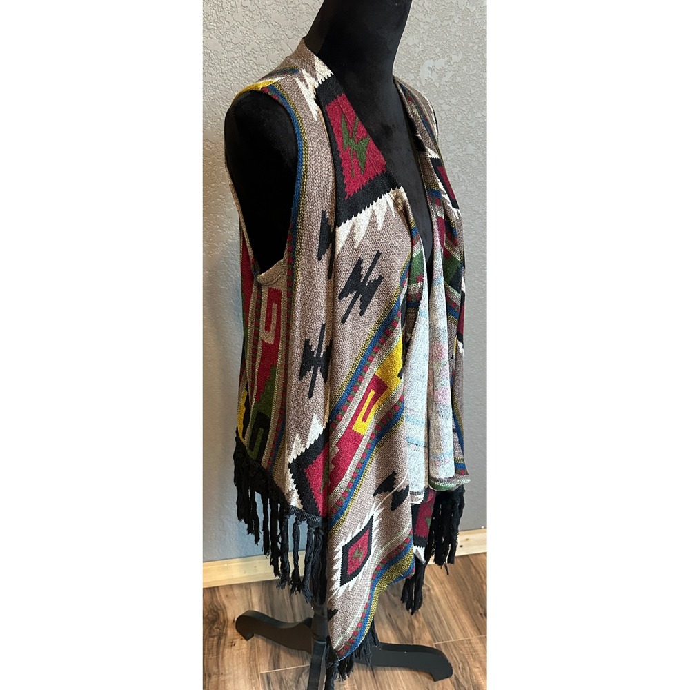 Le Lis Womens Southwestern Geometric Fringe Open Front M Vest Hippie Boho - Picture 8 of 13